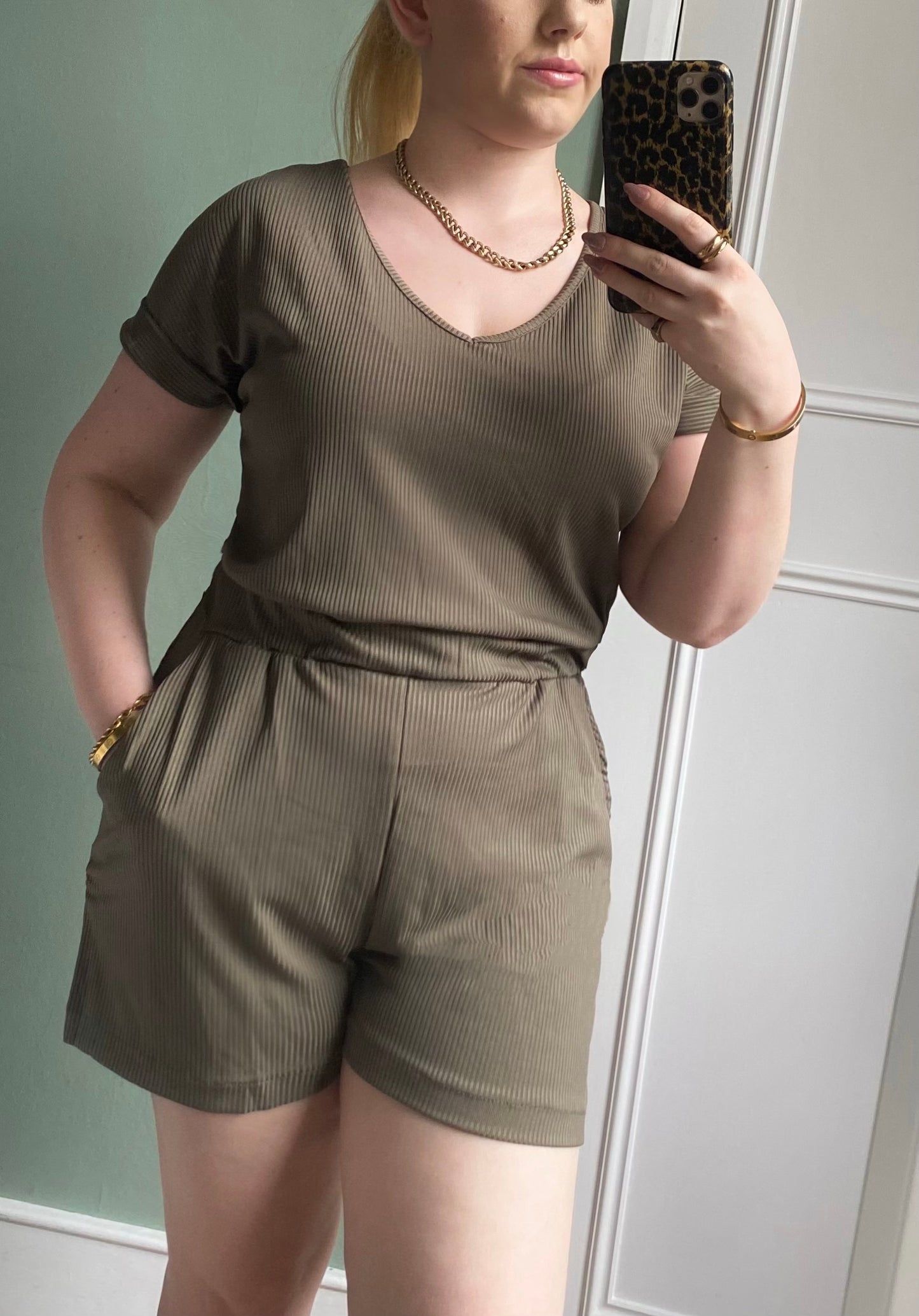 Khaki Ribbed V-Neck Playsuit