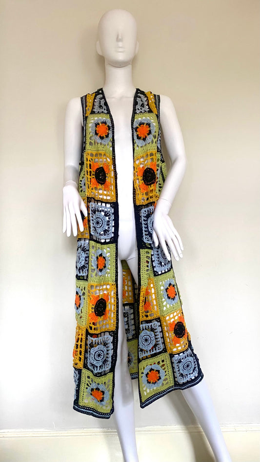 Floral Crochet Longline Sleeveless Cardigan